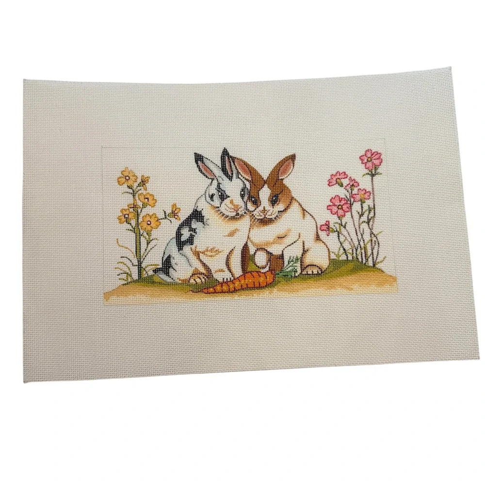 Vintage Hand Painted Needlepoint Canvas 2 Rabbits Bunny Flowers Carrot Easter
